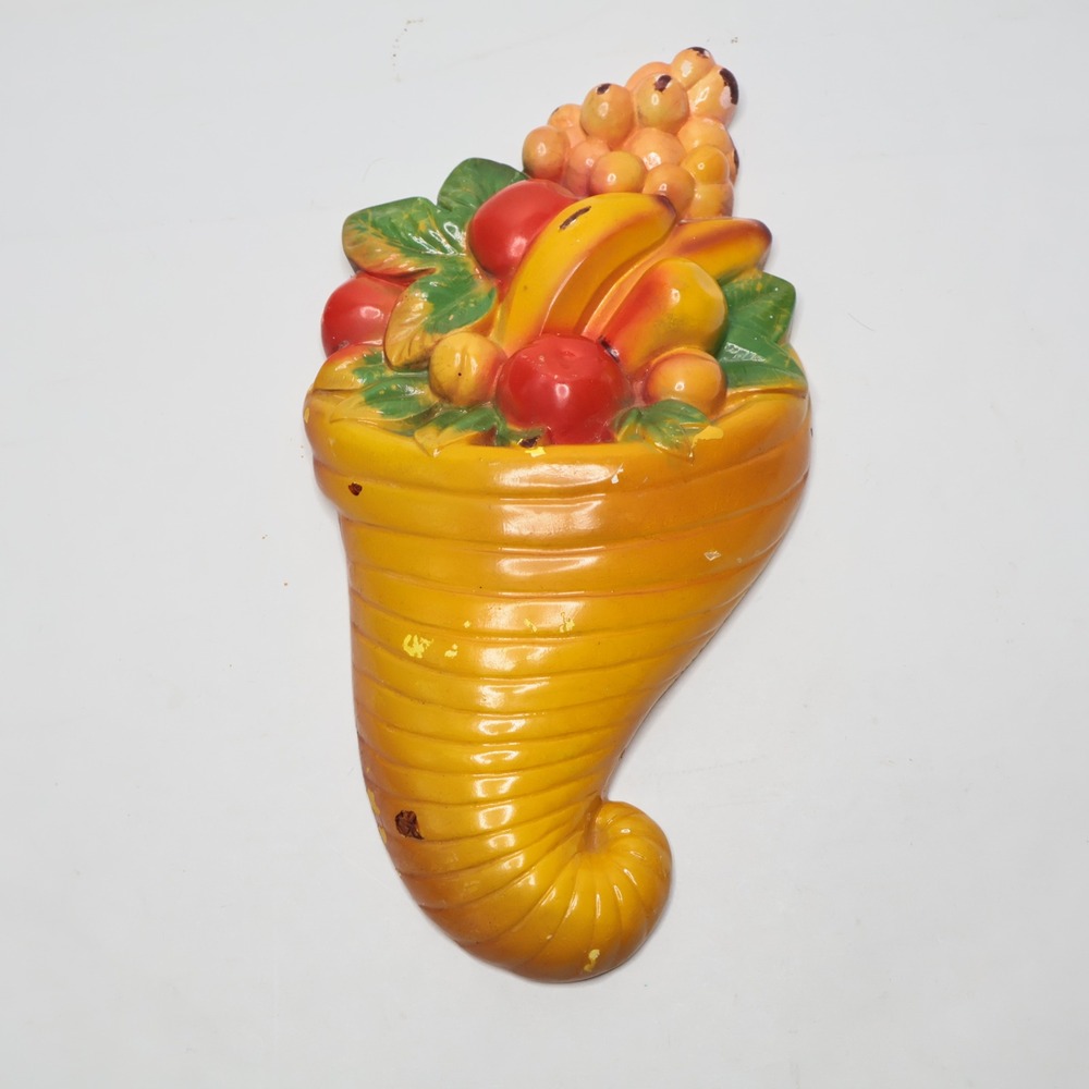 Vintage Ceramic Fruit‎ Cornucopia Wall Hanging Plaque Thanksgiving Decor 11 Inch